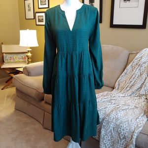 Anthro Maeve NWT Dark Green Tiered Holiday Dress Long Sleeves Size L
